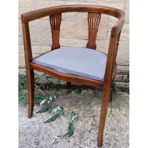 329 - Mahogany Arts & Crafts bedroom chair with blue fabric seat 55cm wide x 48cm dee x 76cm high- in over... 