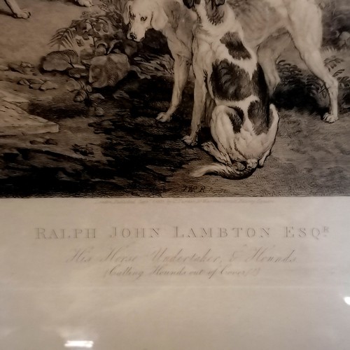 336 - Large 1821 framed mezzotint of 'Ralph John Lambton Esqr : His Horse Undertaker, & Hounds (Calling Ho... 