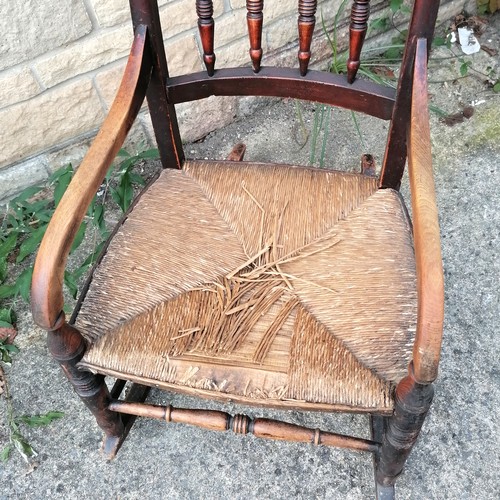 350 - Antique rush seated rocking chair with turned spindle detail - 108cm high x 50cm wide ~ rush seat a/... 