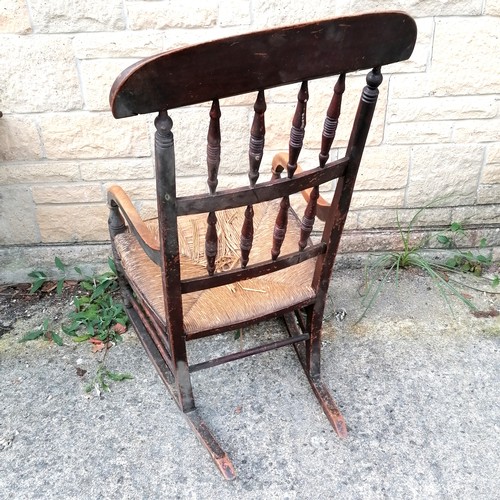 350 - Antique rush seated rocking chair with turned spindle detail - 108cm high x 50cm wide ~ rush seat a/... 