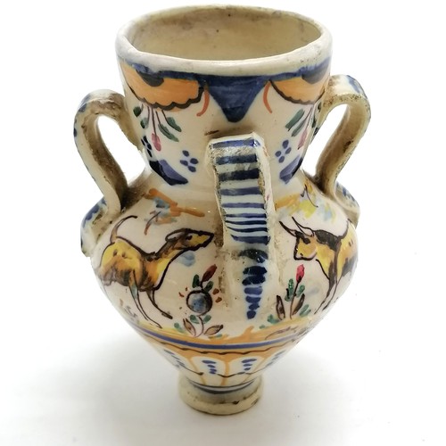 364 - Maiolica pot with 4 tag handles & animal detail - 13cm high and has slight hairline but no obvious d... 