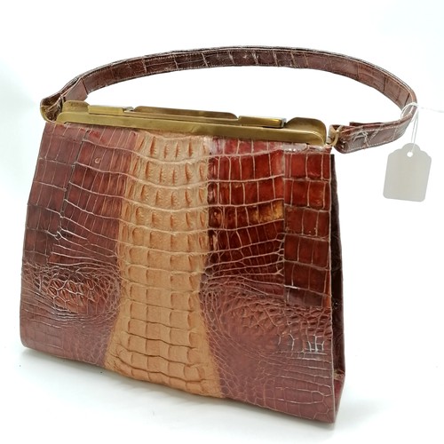 488 - Art Deco crocodile skin handbag with made in Singapore label - 28cm across x 23cm and has coin chang... 