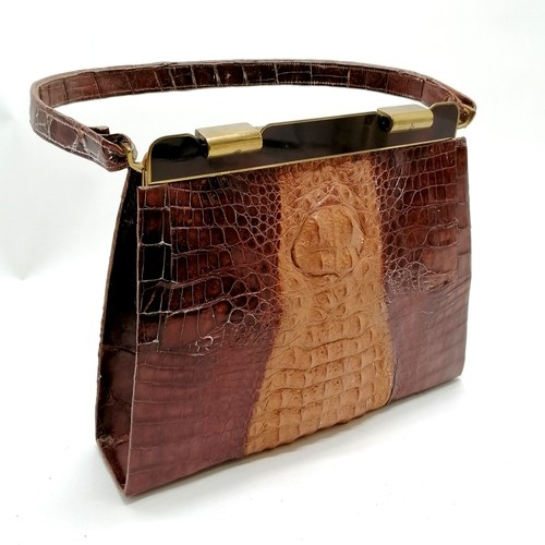 488 - Art Deco crocodile skin handbag with made in Singapore label - 28cm across x 23cm and has coin chang... 