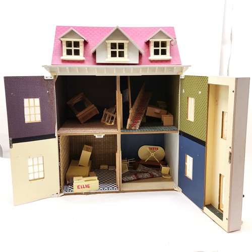 489 - Pink painted dolls house to include a selection of assorted furniture and furnishings, 50 cm wide, 6... 