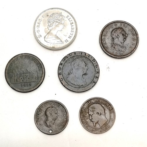 492 - 6 x coins inc 1797 George III cartwheel 1d, 1813 Flint Lead works 1d token etc