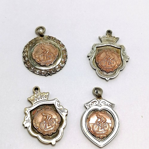 503 - 4 x 1950's silver cycling medallions / fobs with unmarked gold detail - total weight 38g