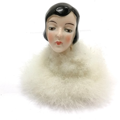 504 - Vintage china dolls head feather powder puff - 9cm high