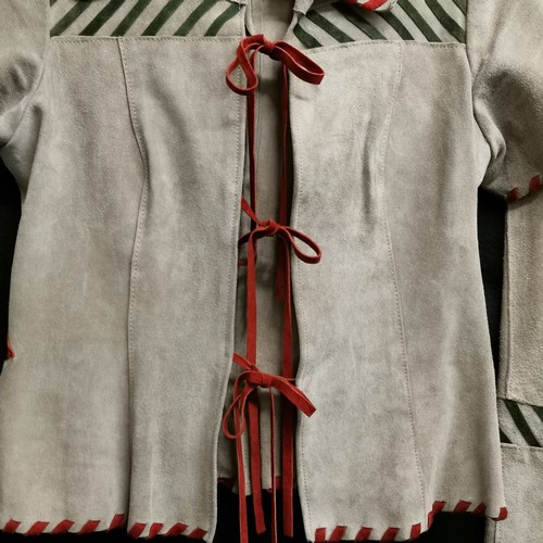62 - 1960s suede leather suit with red and green suede ribbon trimming 86cm bust and 70cm waist by London... 