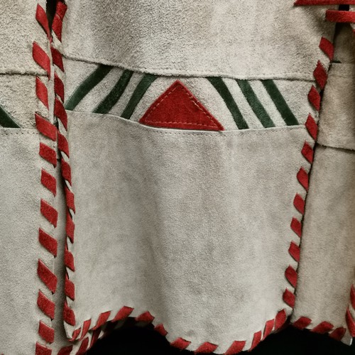 62 - 1960s suede leather suit with red and green suede ribbon trimming 86cm bust and 70cm waist by London... 