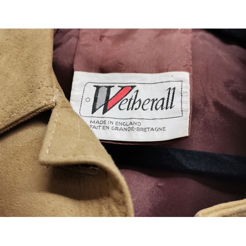 64 - Short suede Wetherall jacket 84cm bust t/w green suede waistcoat 92cm bust and a teal leather waistc... 