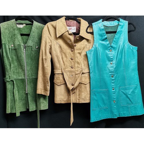 64 - Short suede Wetherall jacket 84cm bust t/w green suede waistcoat 92cm bust and a teal leather waistc... 