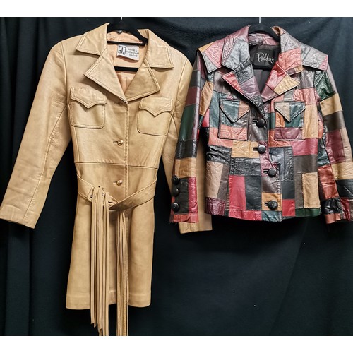 65 - 1960s camel coloured leather coat 88cm bust t/w leather patchwork jacket by Paddors 92 cm bust both ... 