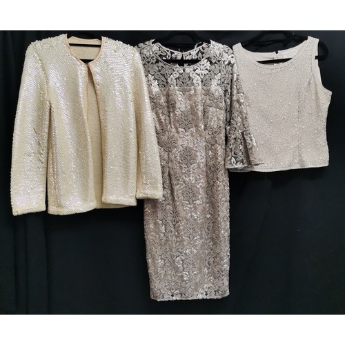 73 - Cream sequinned edge to edge jacket c 1950s 76cm bust t/w 1970s Adrianna Papell embroidered top with... 