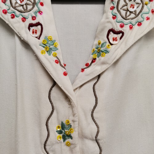 75 - 2 vintage blouses, green check with embroidery to neck and cuffs 92cm bust, t/w cream blouse embroid... 