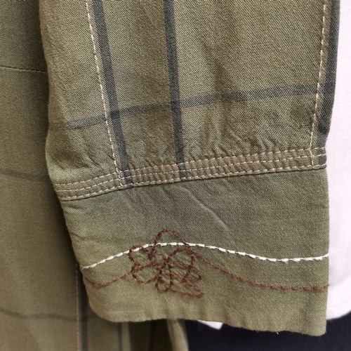 75 - 2 vintage blouses, green check with embroidery to neck and cuffs 92cm bust, t/w cream blouse embroid... 