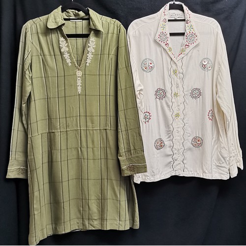 75 - 2 vintage blouses, green check with embroidery to neck and cuffs 92cm bust, t/w cream blouse embroid... 