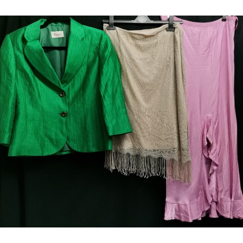 77 - 3 vintage items, green 80s short jacket by Precis 90cm bust t/w 2 60s skirts one gold lace and the o... 