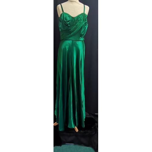 80 - 1950s green satin evening dress, 96cm bust approx in good condition
