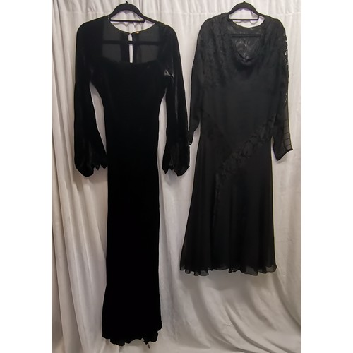85 - 1930s black velvet evening dress with bell sleeves 84cm bust in good condition t/w a 30s chiffon and... 