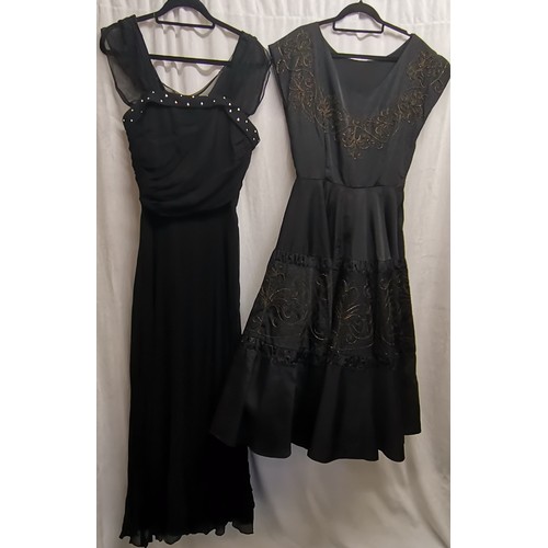 86 - 1950s taffeta evening dress 90cm bust embroidered top and panel in skirt t/w black 60s chiffon dress... 