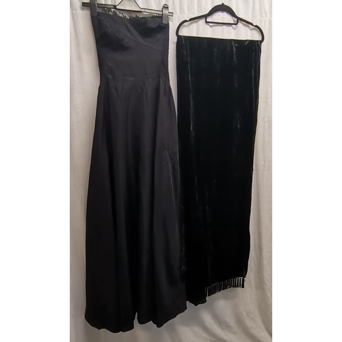 87 - 1950s black taffeta evening dress wth elasticated rouched back, small size  t/w black velvet shawl i... 