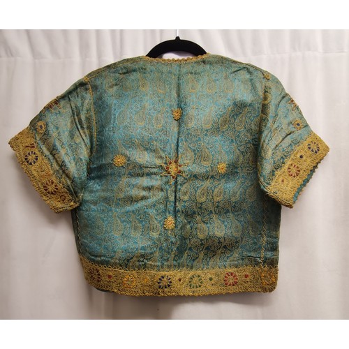 91 - Oriental embroidered short sleeved blue silk jacket with gold embroidered decoration in good conditi... 