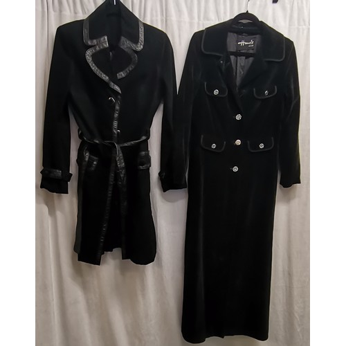 93 - Black suede and leather coat 86cm bust  t/w a velvet maxi coat by Hamells 90 cm bust