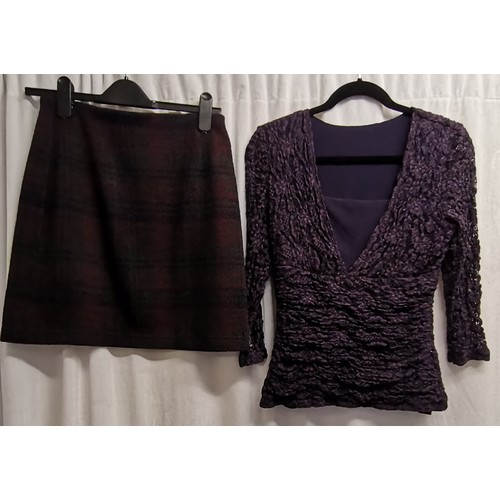 96 - Purple stretch fabric top 78cm bust and mini skirt tartan pattern 68cm waist in good condition