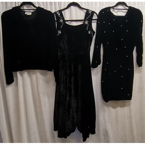 98 - 3 vintage items, 60s velvet jacket 102cm bust t/w 50s velvet dress with beaded decoration on top and... 