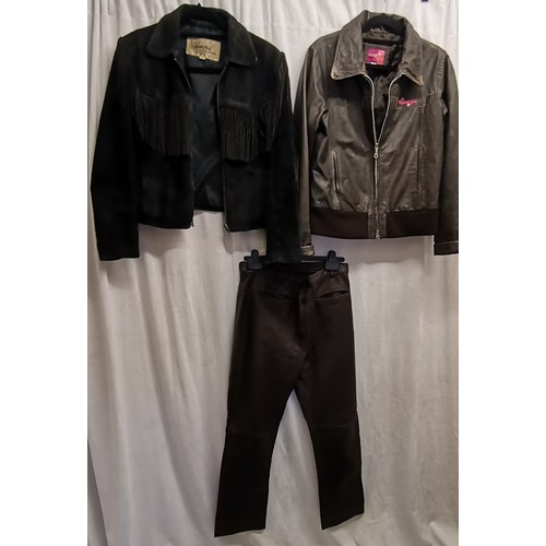 100 - 3 vintage leather items, 60s fringed suede jacket by Wilsons size 110 t/w Ripcurl Girl jacket used c... 