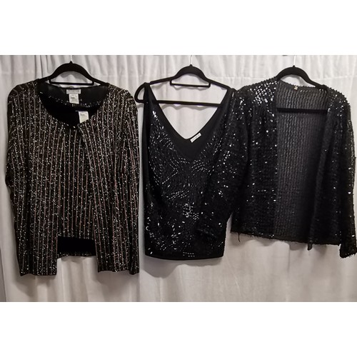 101 - 3 vintage beaded tops, a 2 piece vest and cardigan black and gold  by Metaphor 96cm bust t/w jersey ... 