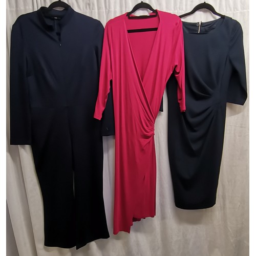 102 - Vintage navy jumpsuit 92cm bust t/w pink jersey wrapover dress 82cm bust and a crepe navy dress 86cm... 
