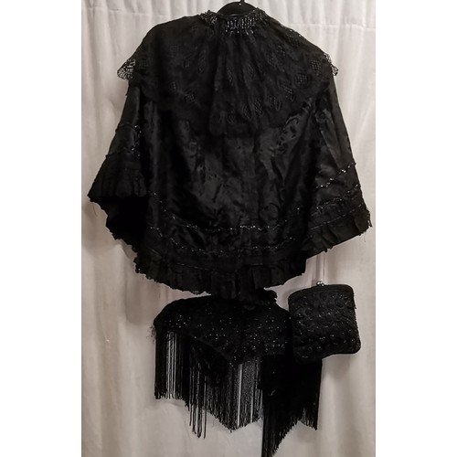 104 - 2  Victorian beaded capes t/w later beadwork evening bag in good condition