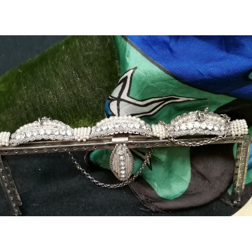 105 - Ladies hunting hat plus velvet cleaner, diamonte bag frame and a silk scarf t/w suede gloves