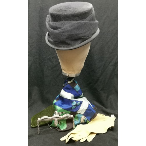 105 - Ladies hunting hat plus velvet cleaner, diamonte bag frame and a silk scarf t/w suede gloves