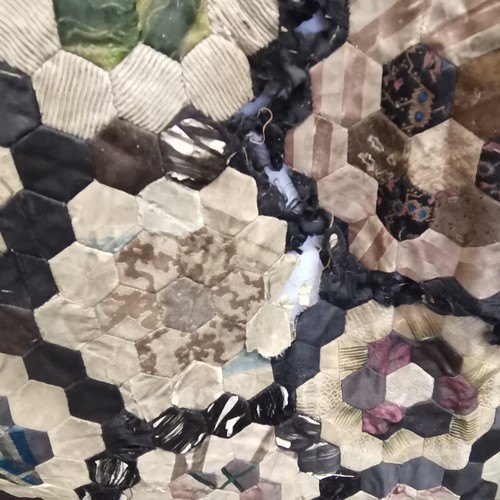 107 - Victorian patchwork quilt some damage 168cm x 165cm