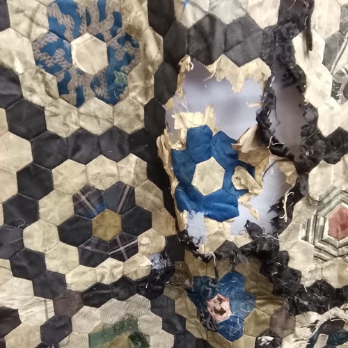 107 - Victorian patchwork quilt some damage 168cm x 165cm