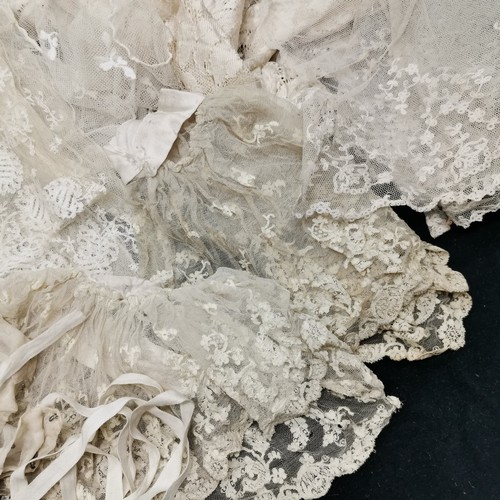 111 - various antique lace including cuffs, 2 shawls, one blonde lace with some damage