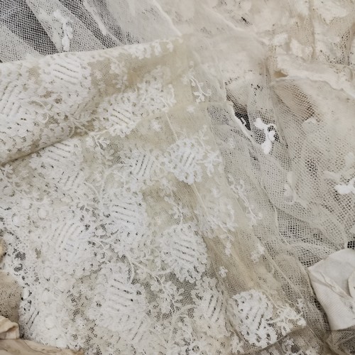 111 - various antique lace including cuffs, 2 shawls, one blonde lace with some damage