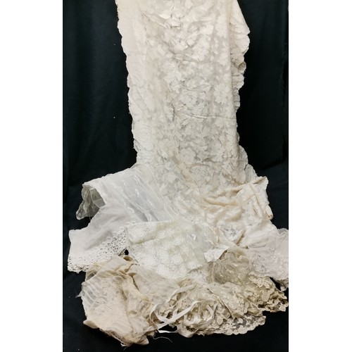 111 - various antique lace including cuffs, 2 shawls, one blonde lace with some damage