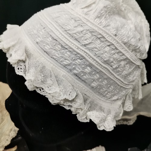 114 - Various  Victorian bonnets, apron and handkerchief