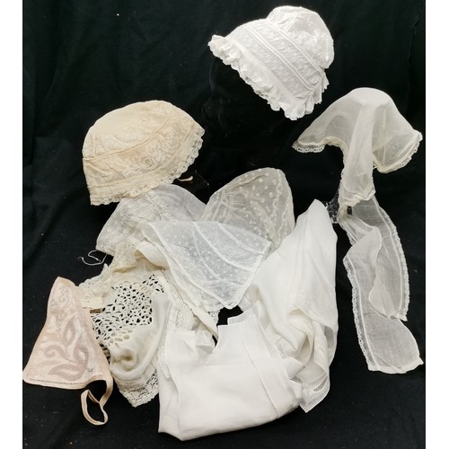 114 - Various  Victorian bonnets, apron and handkerchief