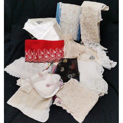 115 - A lot of lace and fabric trims to include satin embroidered with silver thread and red trim