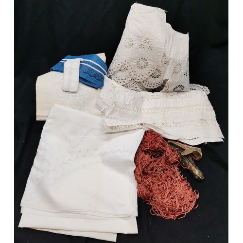 116 - A lot including trim, embroidery stencils and a large piece of broderie anglaise