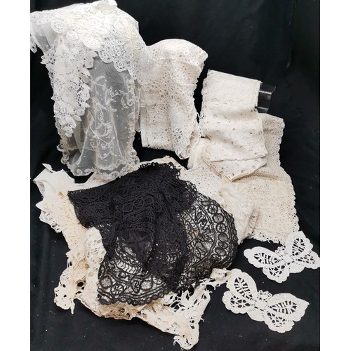 119 - A lot of handmade lace 18th and 19thc to include Honiton collars and Maltese black lace shawl