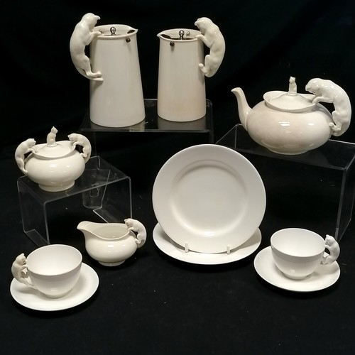 2 - Unusual Spode blanc de chine novelty teaset + 2 hot water jugs (tallest 18.5cm) with cat detail (wit... 