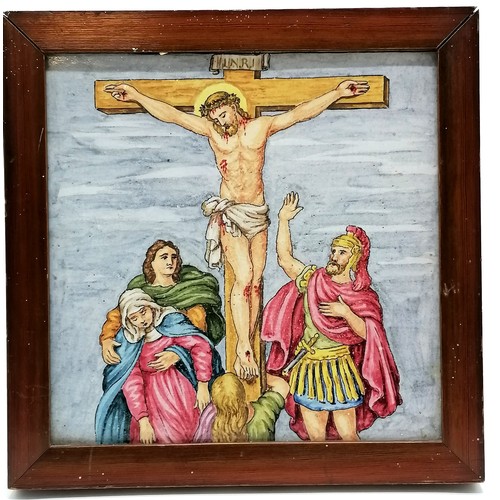 3 - Antique Italian maiolica hand painted tile of Christ on the cross - frame 28cm square & in good used... 