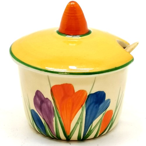 15 - Clarice Cliff Bizarre Crocus pattern mustard pot ( with matched lid)6 cm high, in good condition.