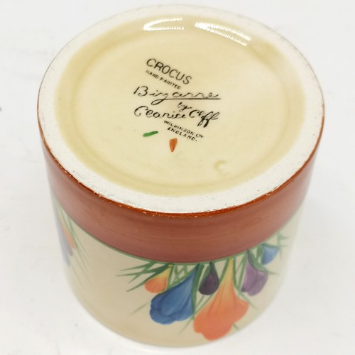 20 - Clarice Cliff bizarre Crocus pattern preserve pot, 8.5 cm high, good condition.