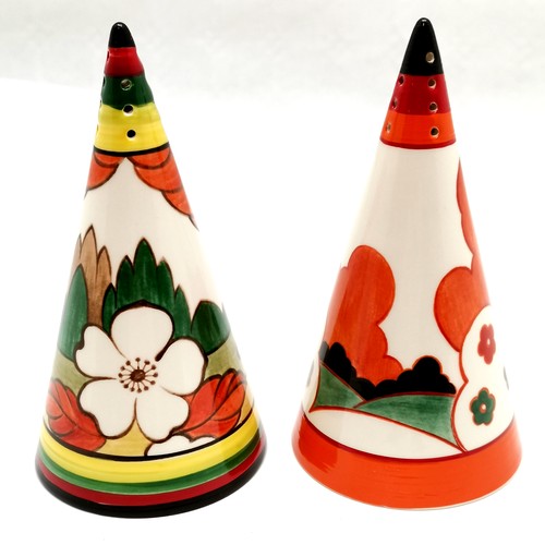 22 - 2 x Wedgwood Clarice Cliff Centenary collection Conical sugar shakers ~ 'Farmhouse' & 'Limberlost' -... 